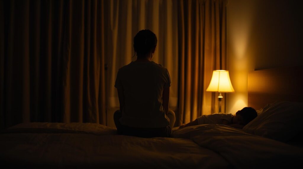 暗い部屋でベッドに座る母親と、隣で眠る子ども