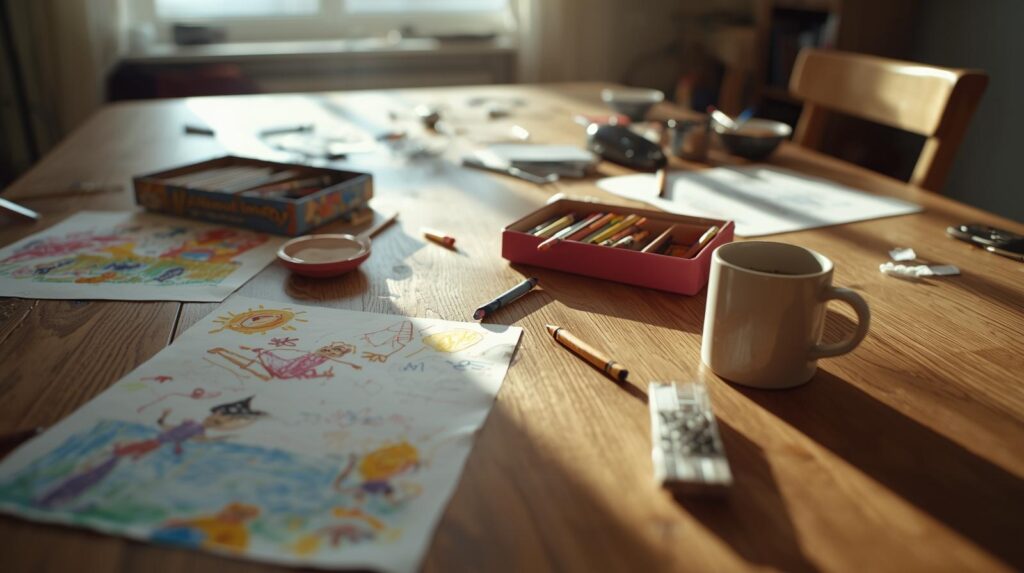テーブルの上に子どものお絵描きセット、カップ、小さなおもちゃが置かれている様子。