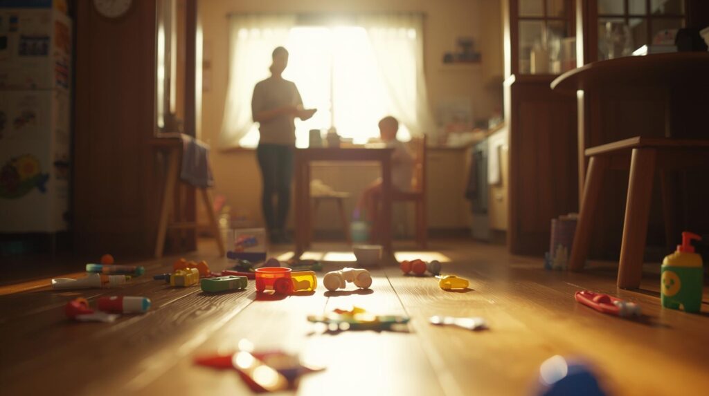 少し散らかった部屋の奥にリビングが見え、朝日が差し込む。朝食を運ぶ母親と机に座る子どもがぼんやり写っている。