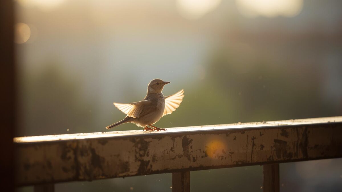 手すりに止まる1羽の鳥が飛び立とうとしている様子。