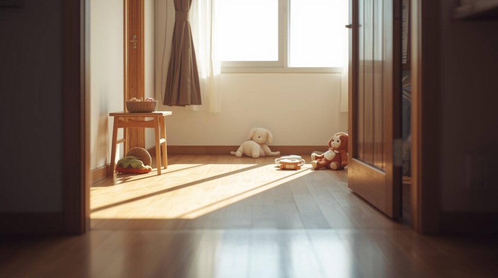 部屋の角、ドアを開けた先に複数の人形と椅子が置かれている様子。