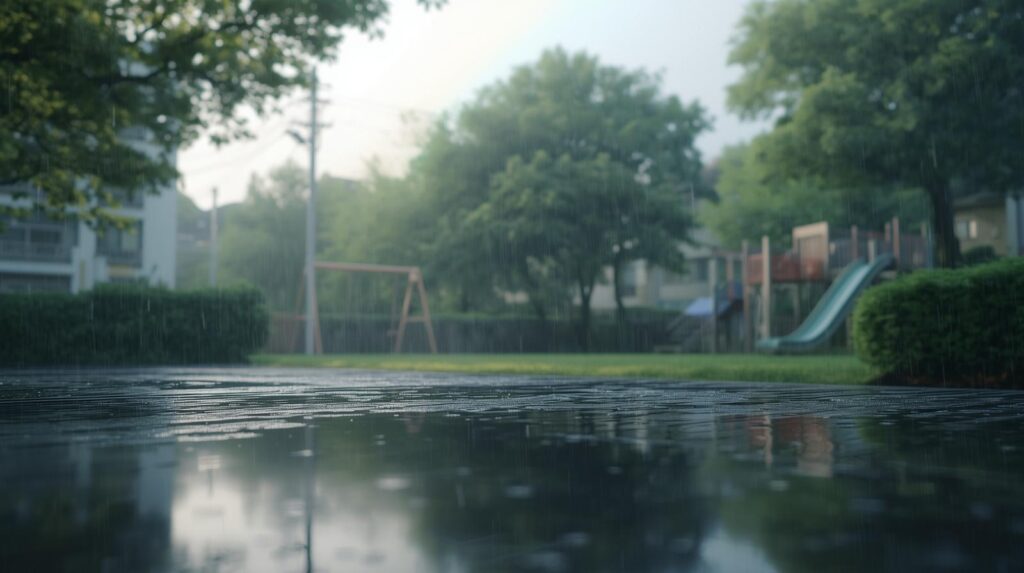 雨が降る公園に、少し太陽の光と虹が差し込む