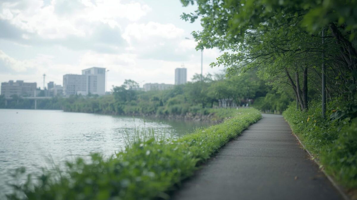 川沿いの土手に続く道、先に建物が見える
