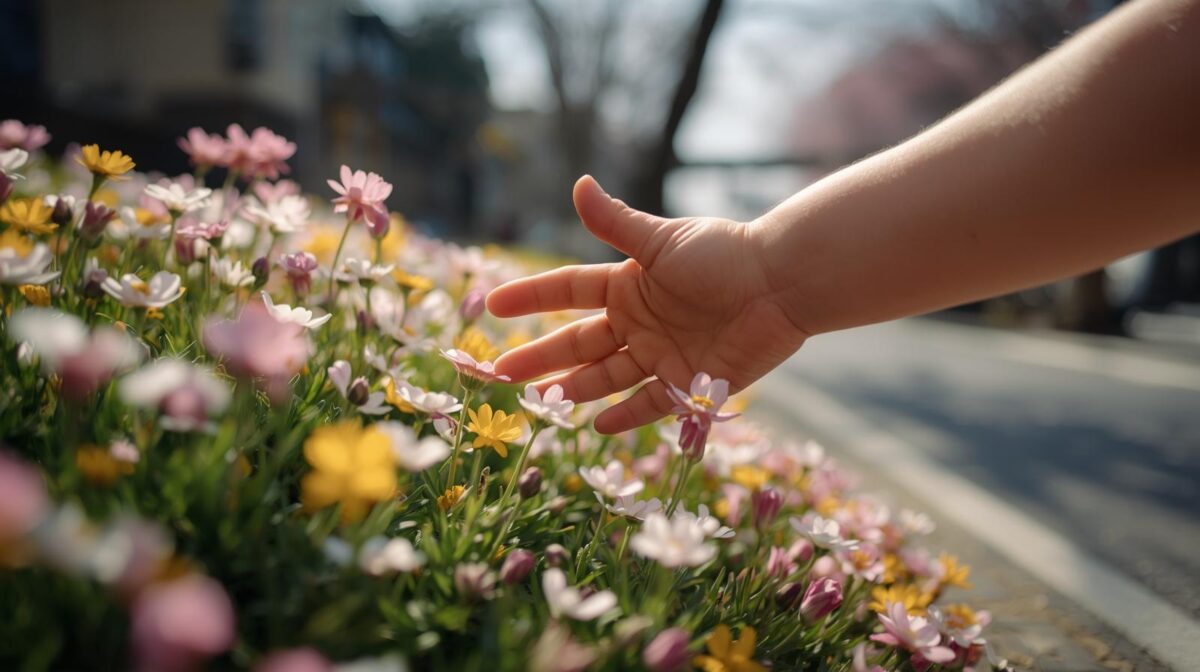 小さな花に手を伸ばす子どもの手元。
