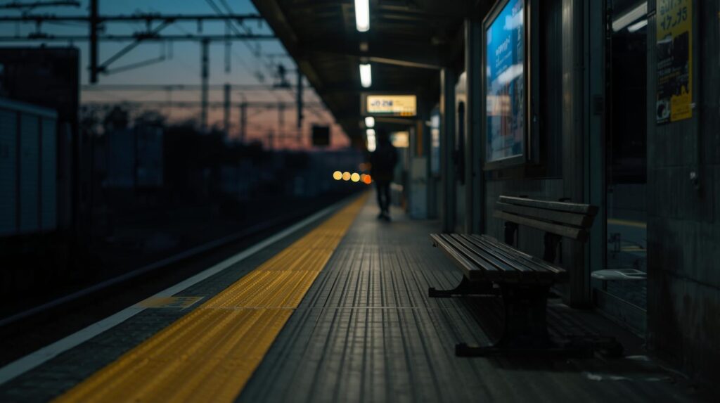 夕方の駅のホーム、薄暗い光の中