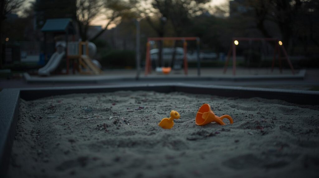 公園の砂場におもちゃが置いてある様子