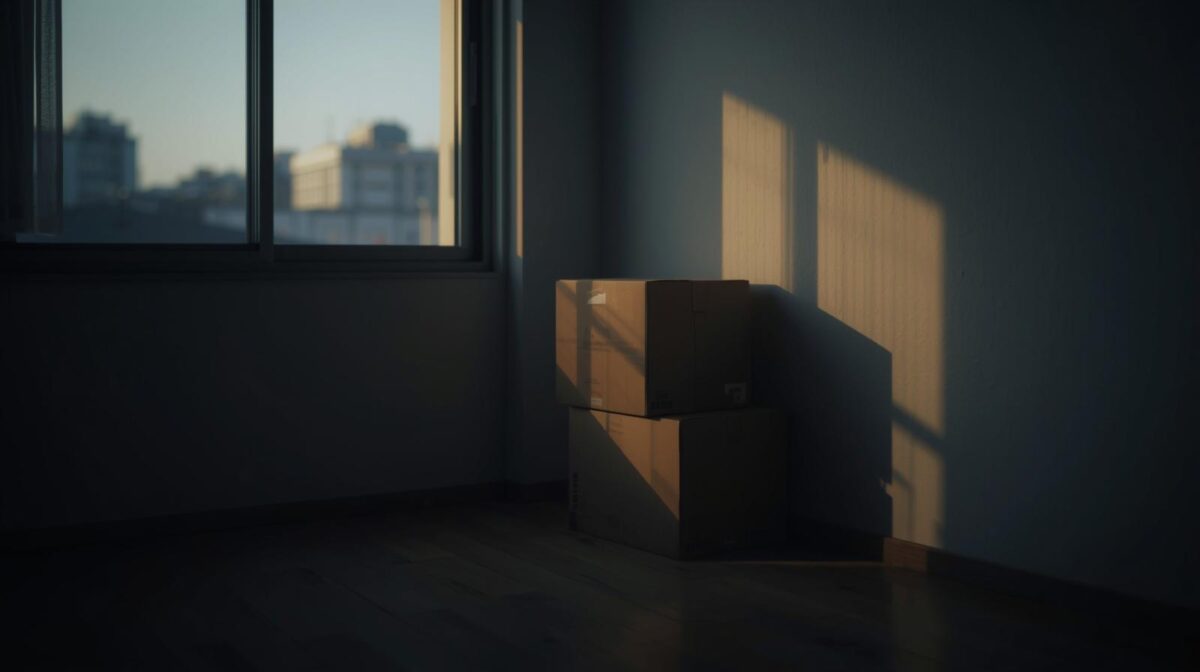 窓から光が差し込む部屋に置かれた段ボール。