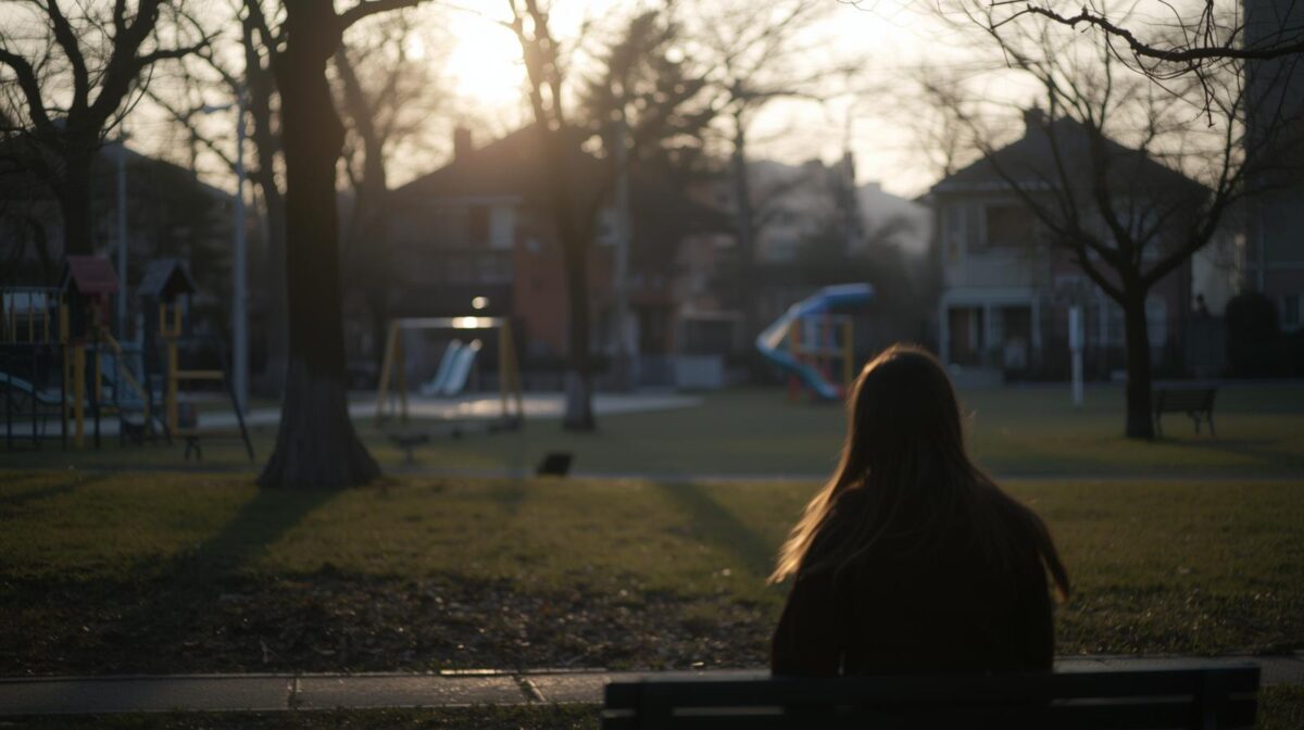 夕方の公園にあるベンチに座る女性の後ろ姿