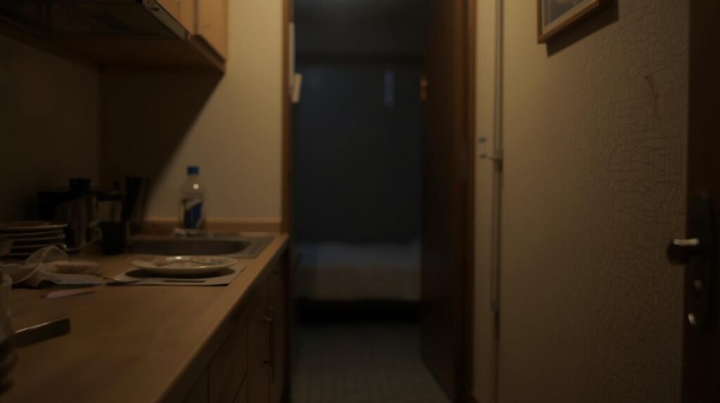 食器が置かれたキッチン、奥の部屋は暗い。