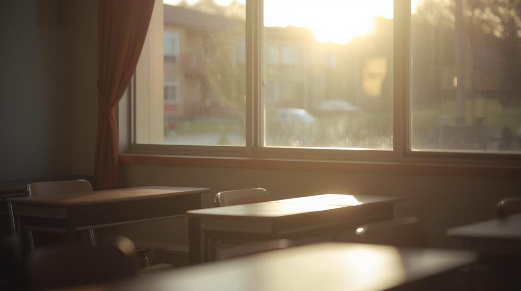 夕陽が差し込む教室。机と椅子が並んでいる。