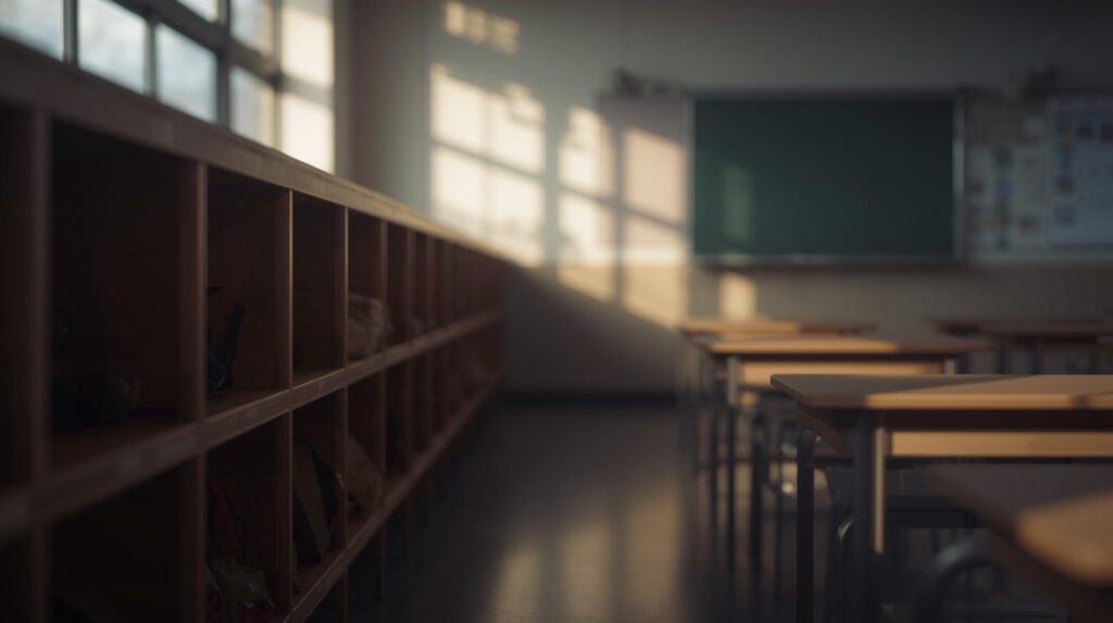 夕日が差し込む教室。黒板と棚、机と椅子が並んでいる。