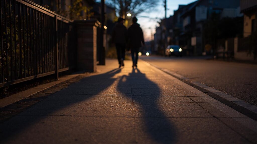 夕方の住宅街を歩く二人と長く伸びる影